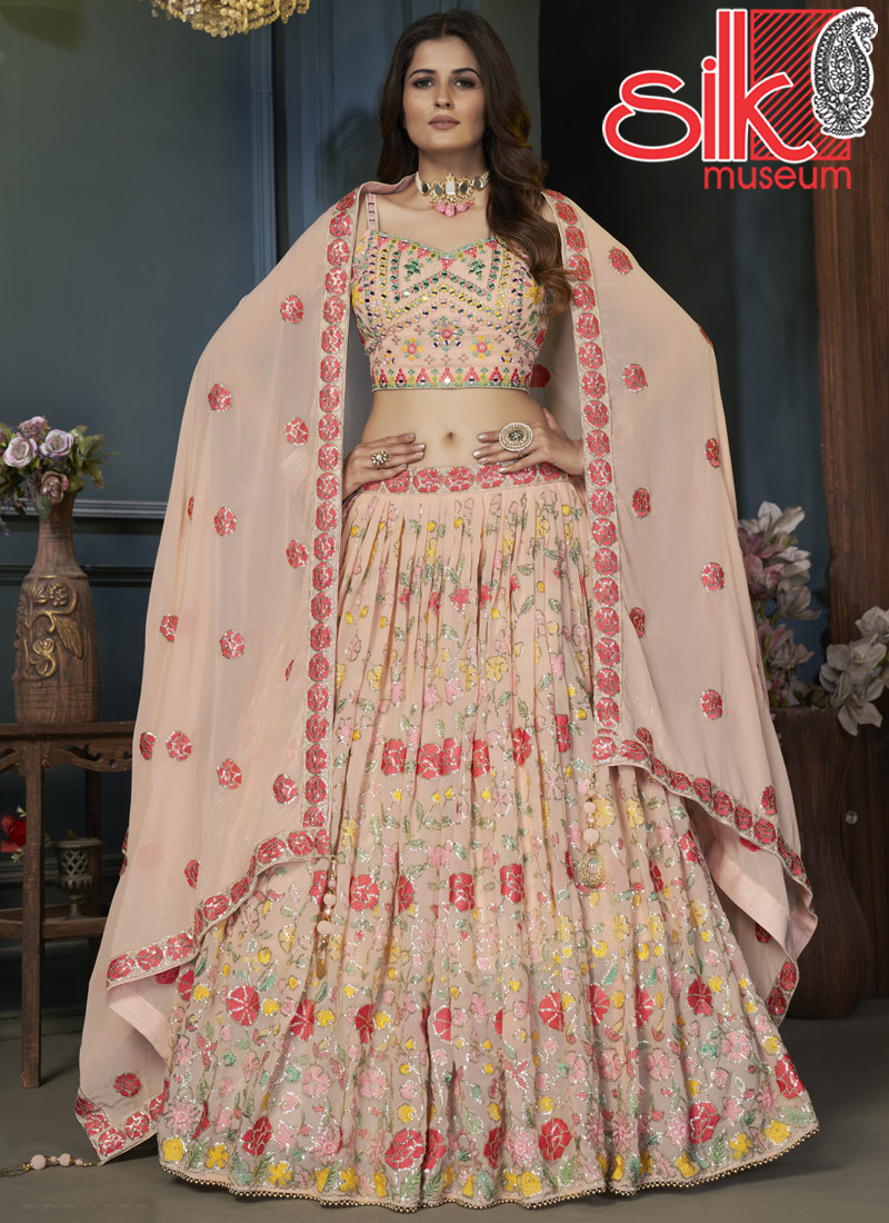 14819 Peach Lehenga Choli Georgette With Mirror,Resham,Sequins & Hand Work