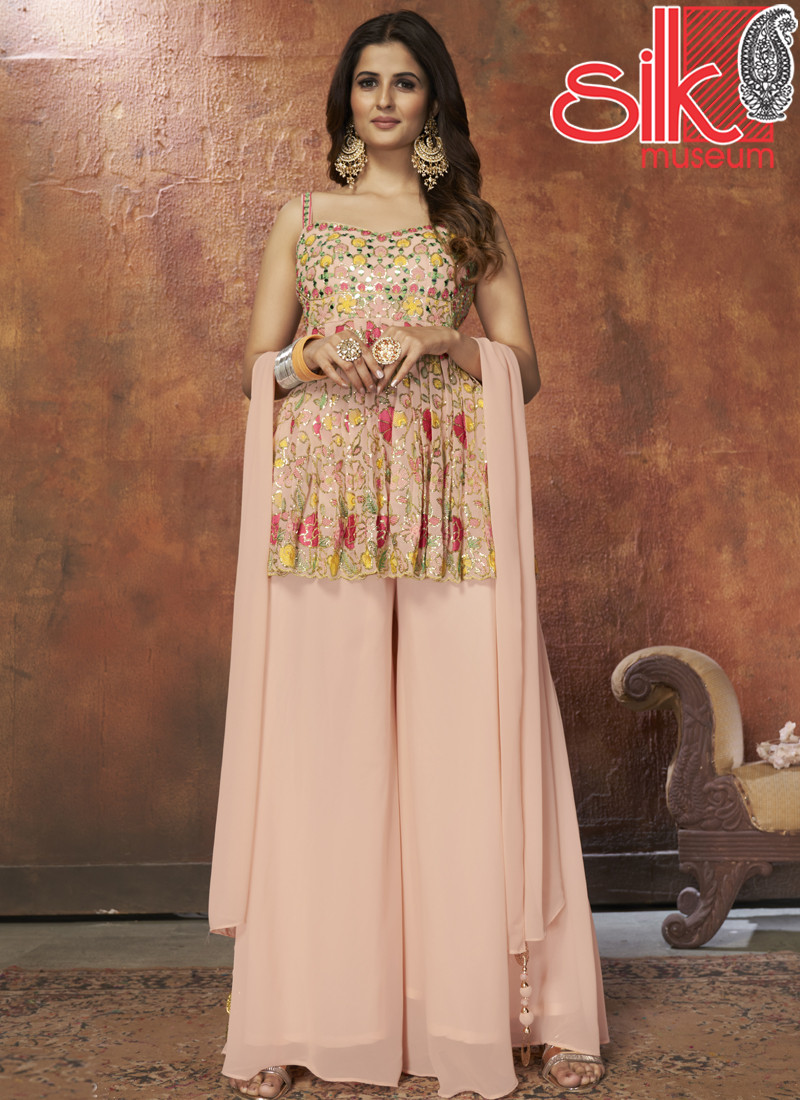 14822 Peach Dress Georgette With Zari,Resham,Mirror & Sequins Work