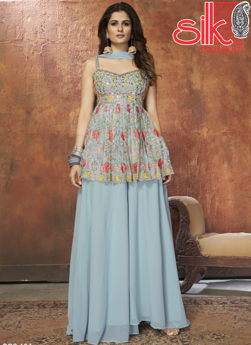 Sky Blue Dress Georgette With Zari,Resham,Mirror & Sequins Work