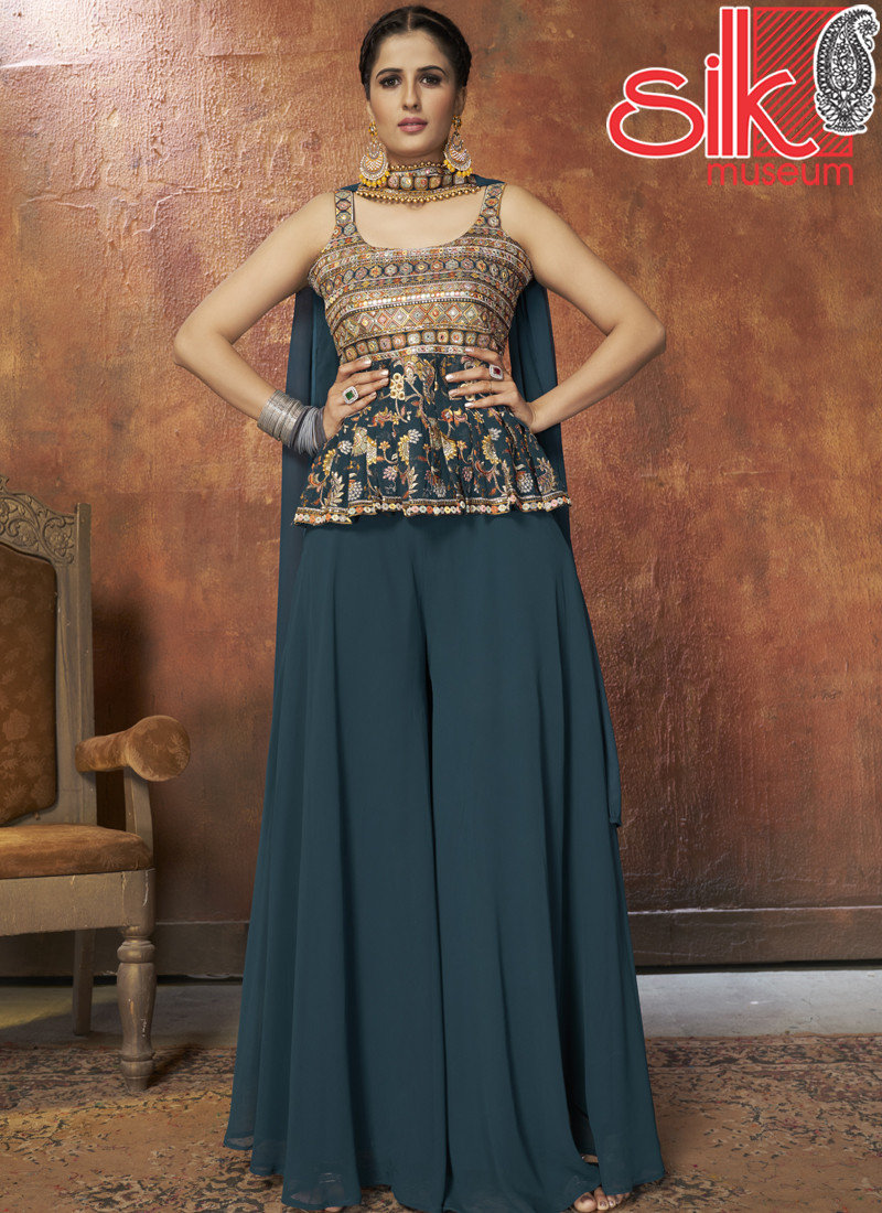 14825 Aqua Blue Dress Georgette With Zari,Resham,Mirror & Sequins Work
