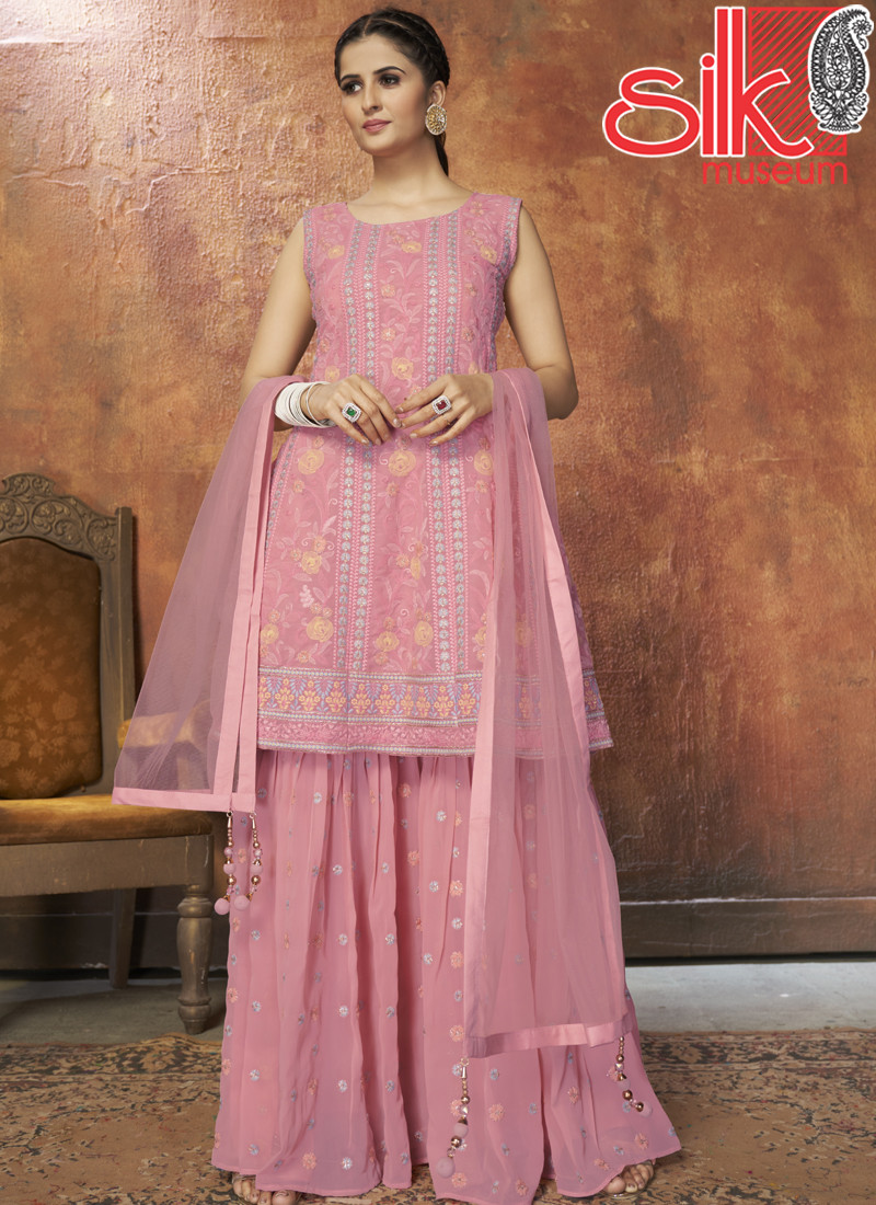 14827 Pink Dress Georgette With Zari & Resham Work