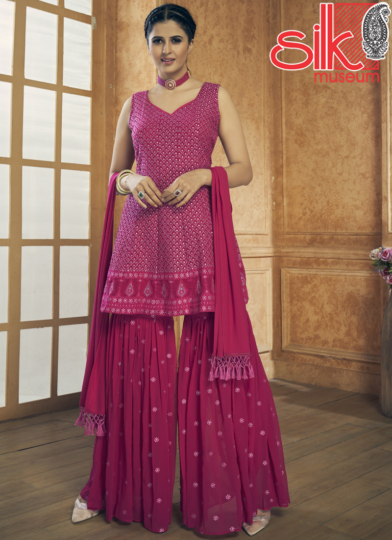14830 Dark Pink Dress Georgette With Zari & Resham Work