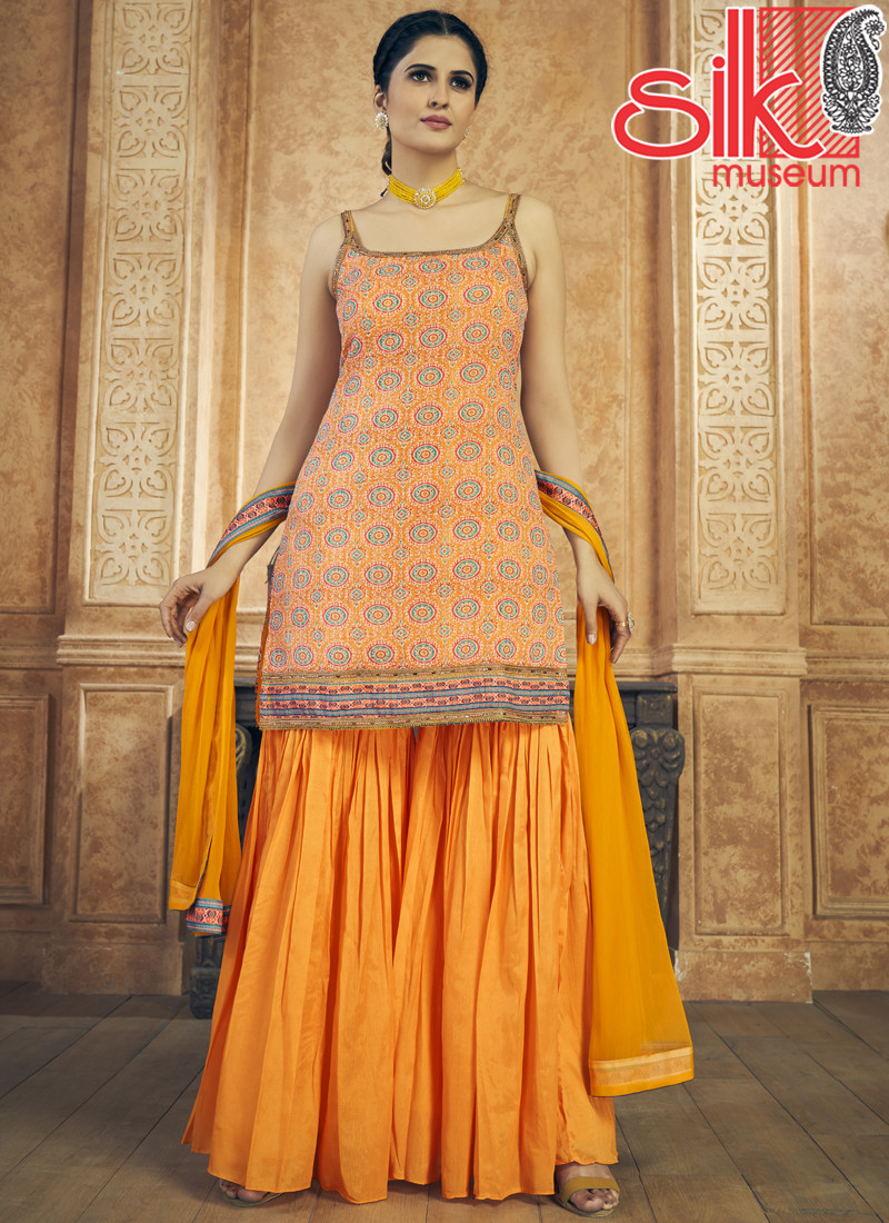 14833 Mustard Dress Printed Chinon Silk,Chiffon With Resham & Sequins Work