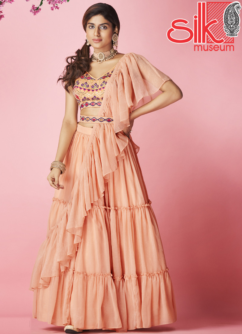 14837 Peach Lehenga Choli Art Silk,Chiffon With Thread & Hand Work