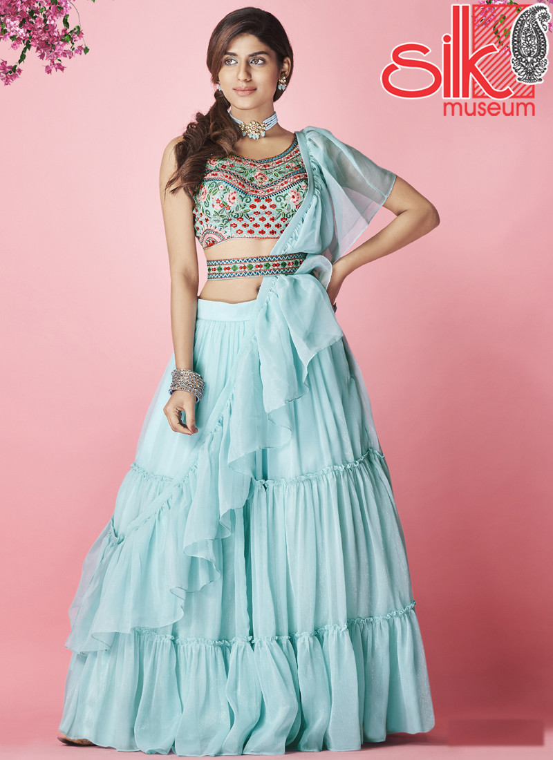 14838 Sky Blue Lehenga Choli Art Silk,Chiffon With Thread & Hand Work