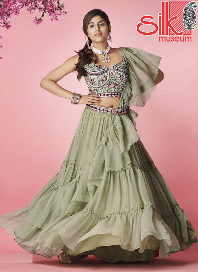 14841 Olive Green Lehenga Choli Art Silk,Chiffon With Thread & Hand Work