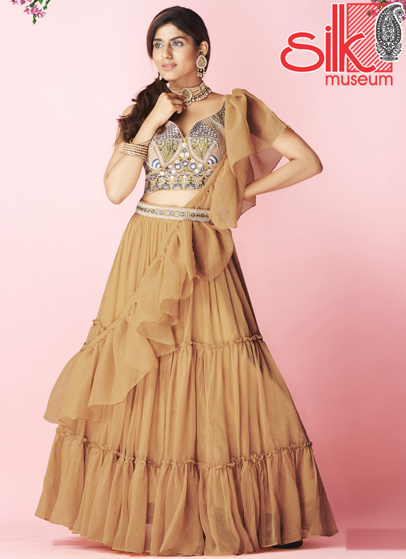 14842 Orange Lehenga Choli Art Silk,Chiffon With Thread & Hand Work