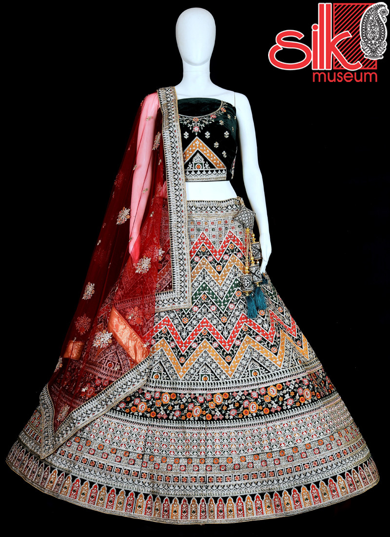 14844 Green Lehenga Choli Velvet,Net With Thread & Embroidery Work