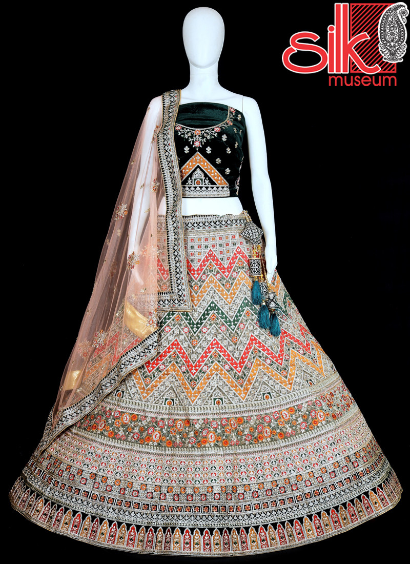 14845 Grey Lehenga Choli Velvet,Net With Thread & Embroidery Work