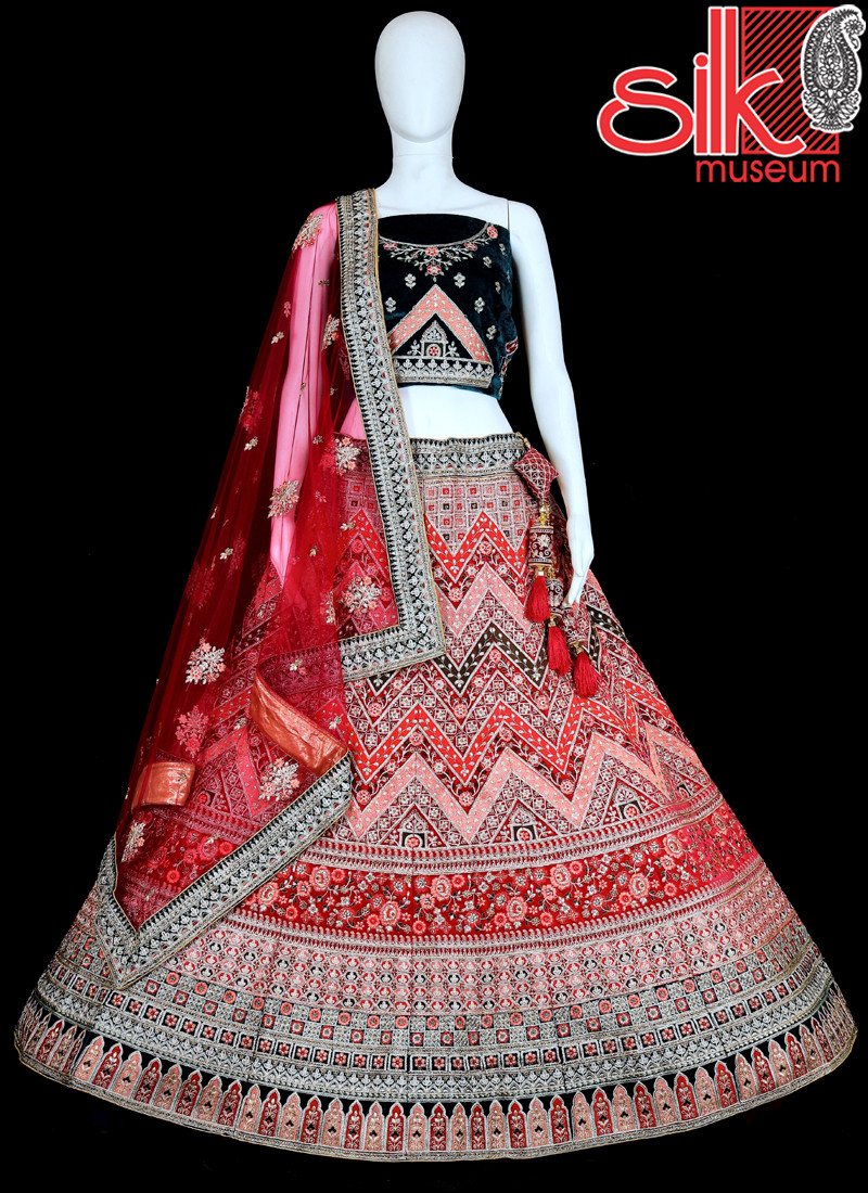 14846 Pink Lehenga Choli Velvet,Net With Thread & Embroidery Work