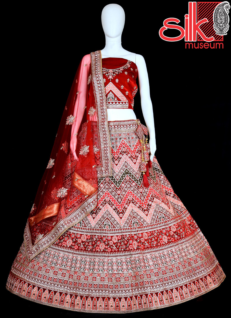 14847 Red Lehenga Choli Velvet,Net With Thread & Embroidery Work