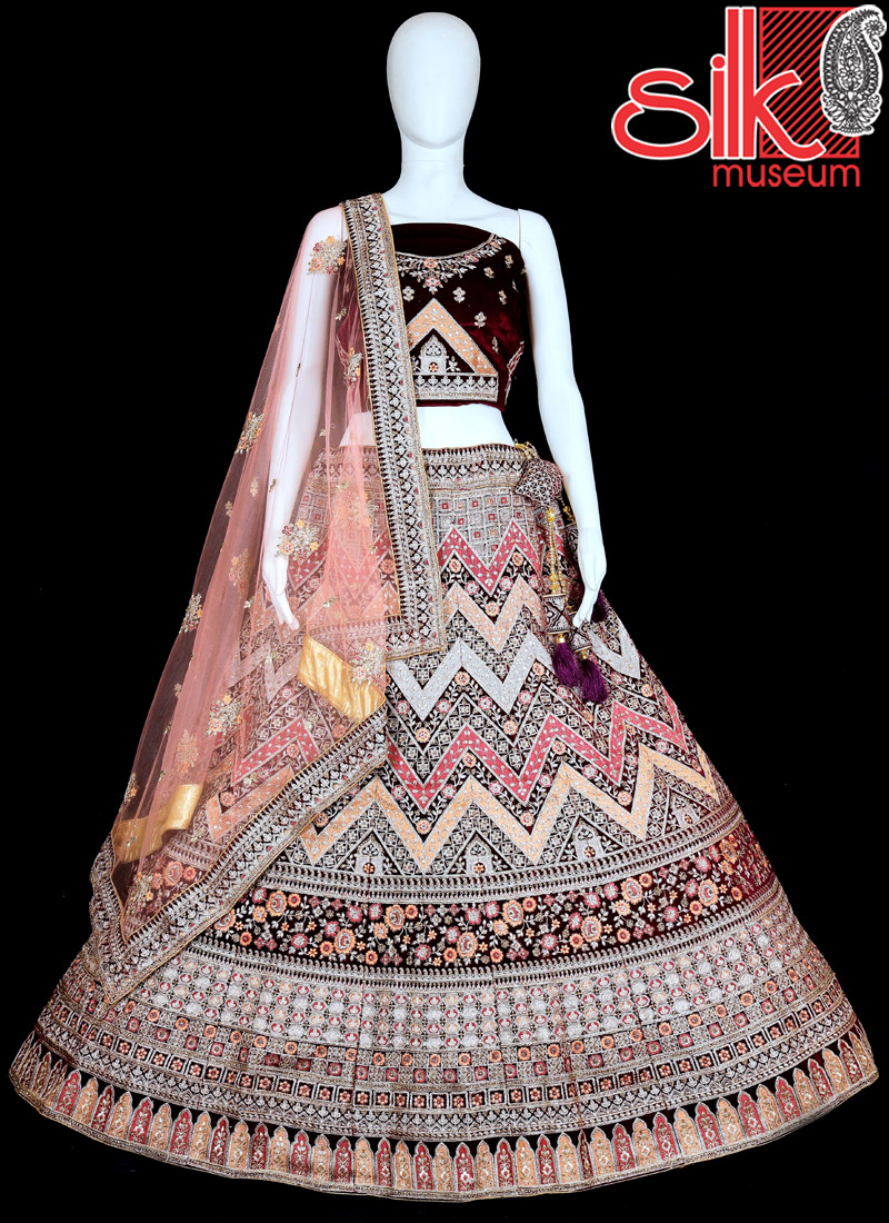 14848 Wine Lehenga Choli Velvet,Net With Thread & Embroidery Work