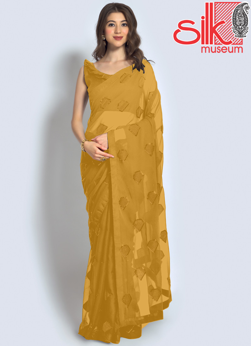 14851 Cream Saree Georgette With Sequence,Thread & Embroidery Work