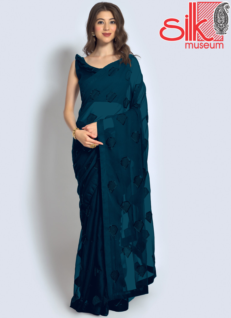 14855 Teal Saree Georgette With Sequence,Thread & Embroidery Work