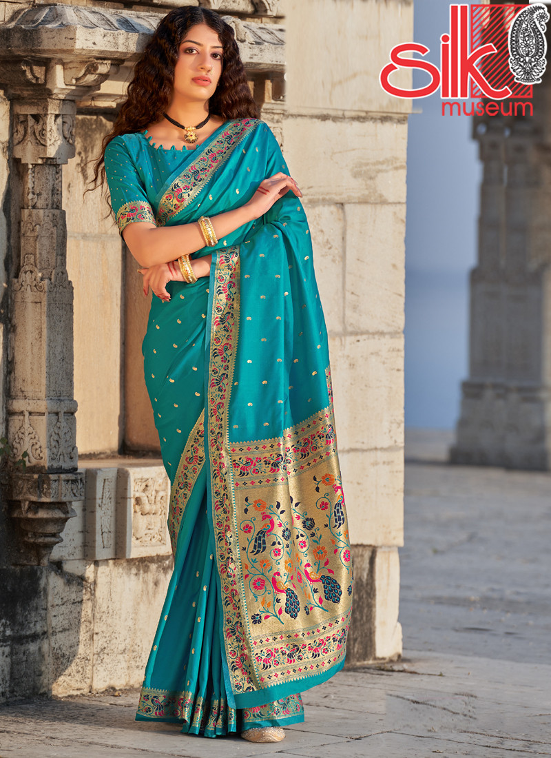 14859 Turquoise Banarasi Soft Silk Designer Sarees