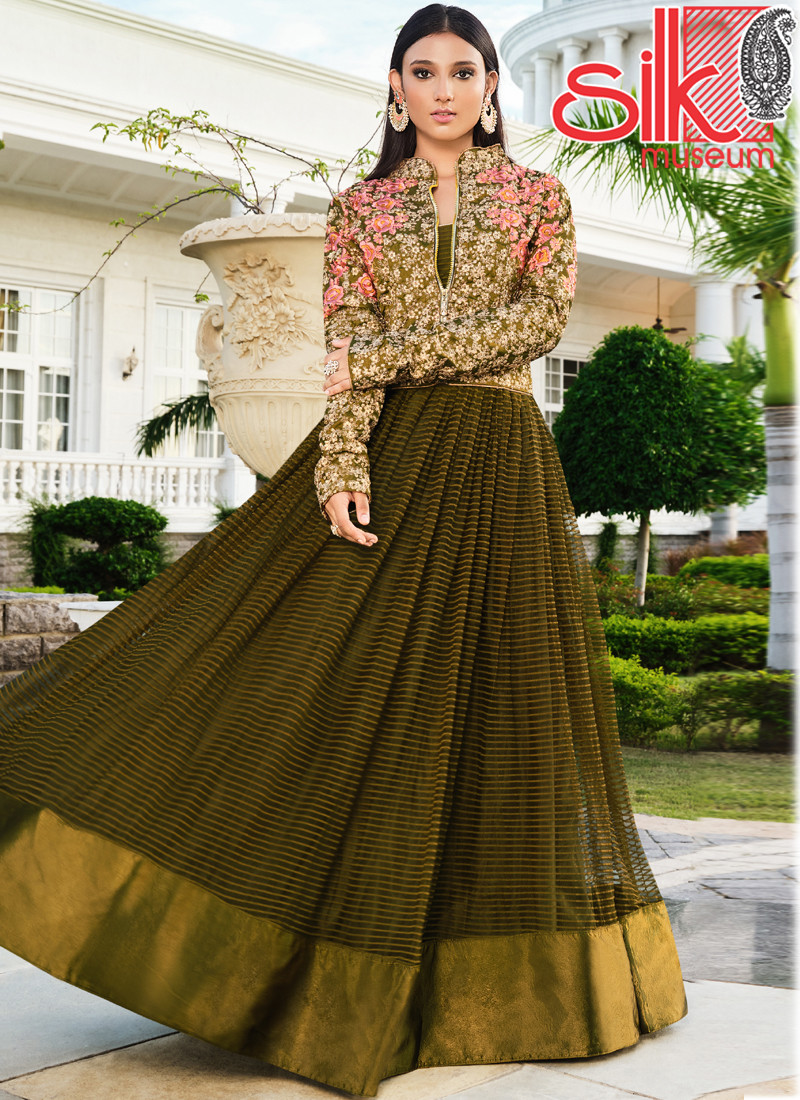 14864 Olive Semi-stitched Embroidered Dress Material With Dupatta