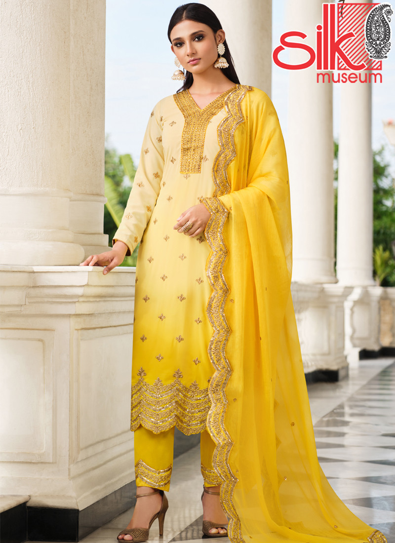 14865 Yellow Semi-stitched Embroidered Dress Material With Dupatta