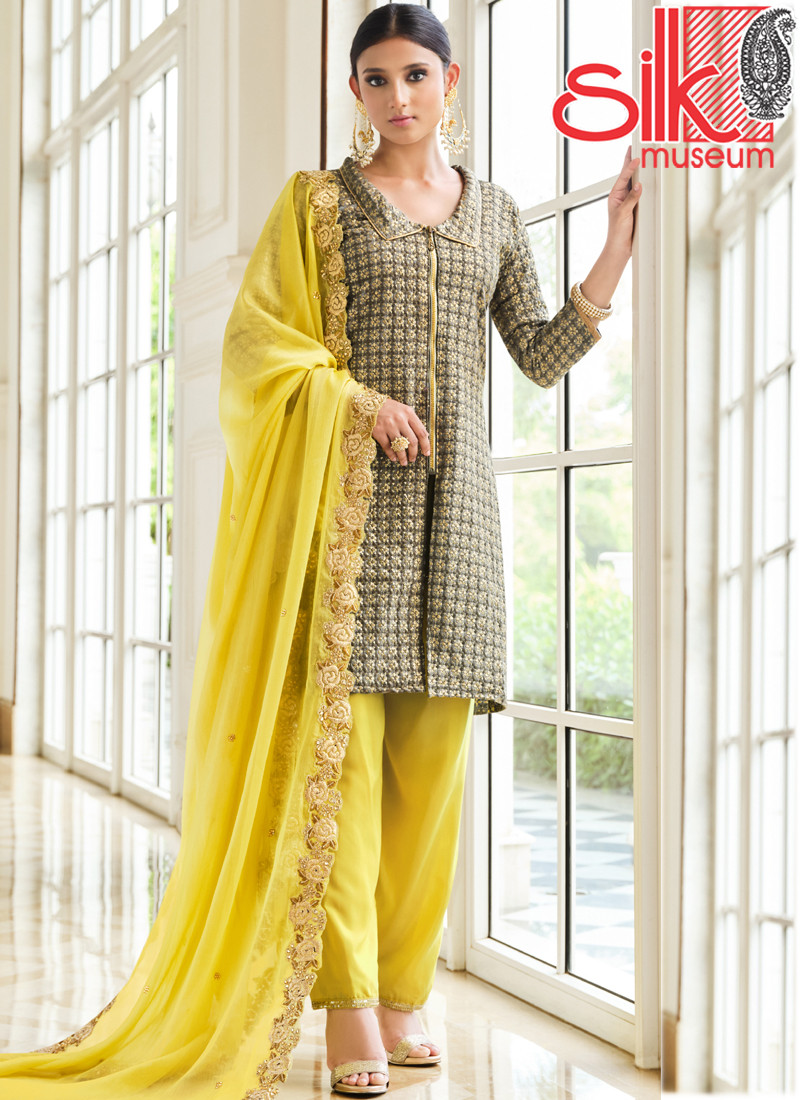14869 Grey Semi-stitched Embroidered Dress Material With Dupatta
