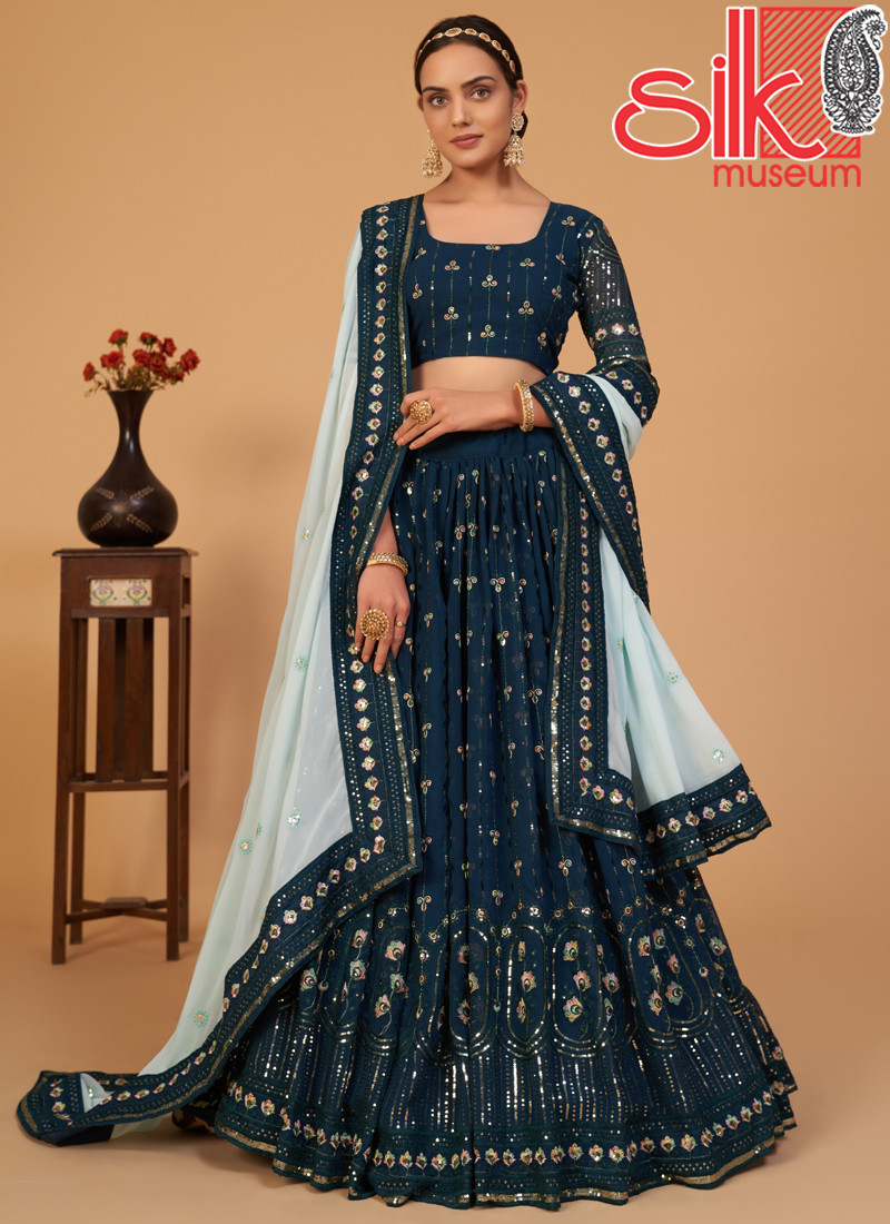14875 Teal Lehenga Choli Georgette With Sequins & Multicolor Embroidery Work