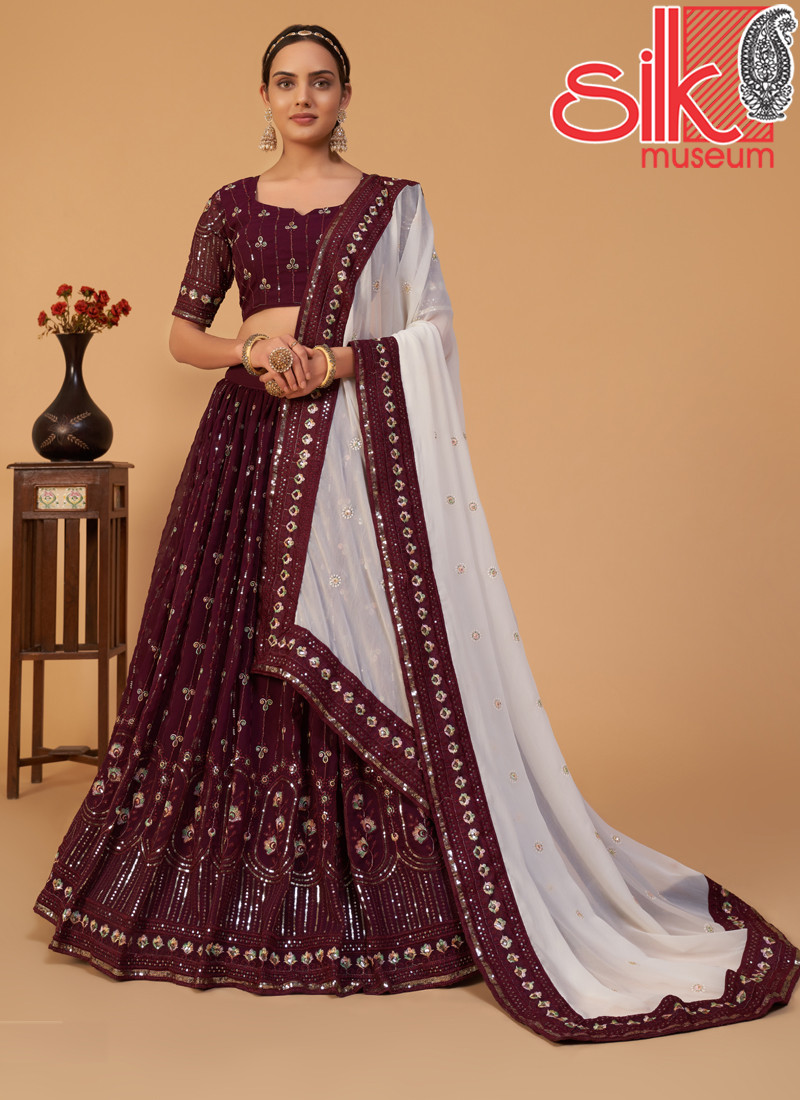 14877 Wine Lehenga Choli Georgette With Sequins & Multicolor Embroidery Work