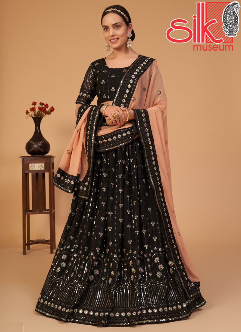 14878 Black Lehenga Choli Georgette With Sequins & Multicolor Embroidery Work