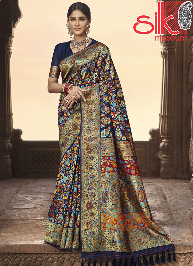 14879 Navy Blue Sarees With Zari Border Pallu Of Banarasi Kora Silk Fabrics