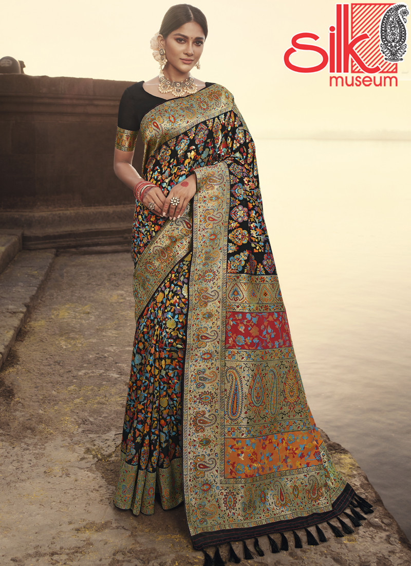 14880 Black Sarees With Zari Border Pallu Of Banarasi Kora Silk Fabrics