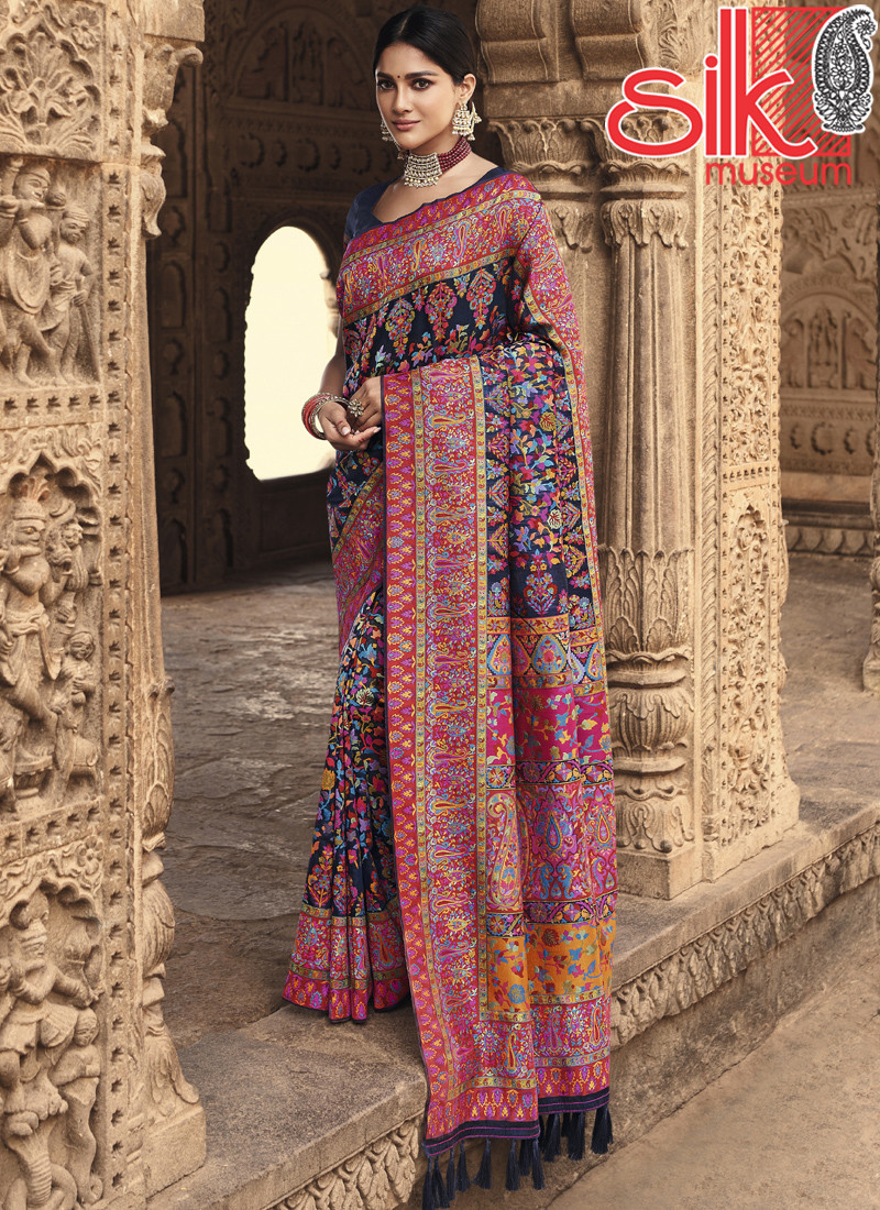 14881 Navy Blue Sarees With Contrast Rani Soft Banarasi Kora Silk