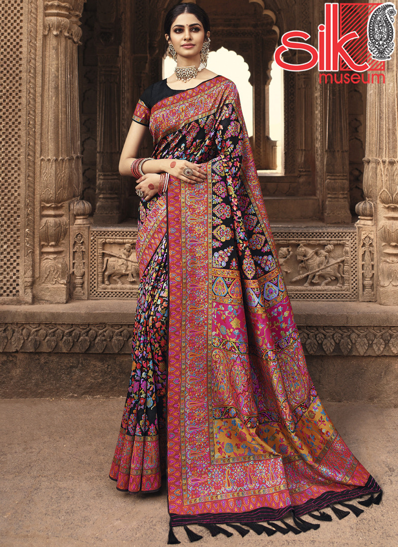 14882 Black Sarees With Contrast Red Soft Banarasi Kora Silk