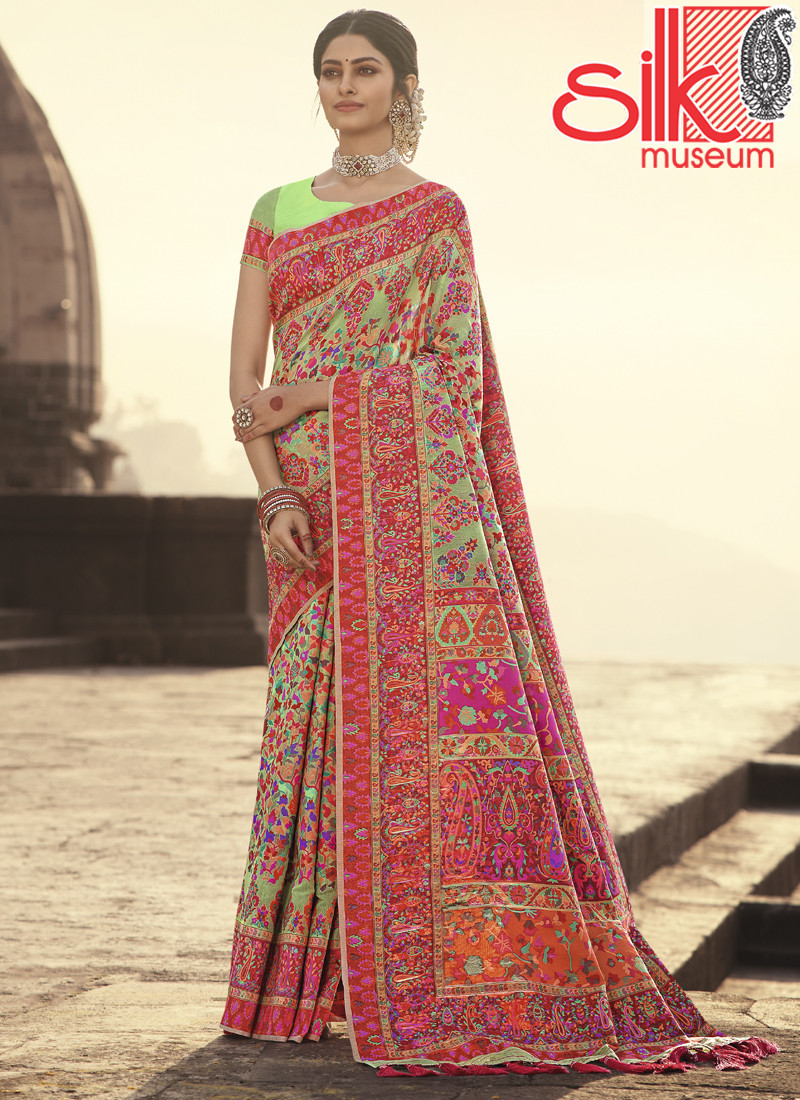 14883 Pista Sarees With Contrast Pink Soft Banarasi Kora Silk