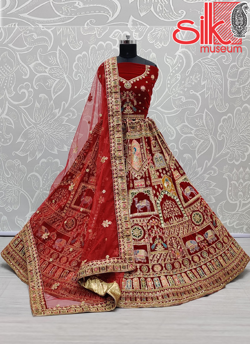 14897 Red Lehenga With Dori,Jari,Sequence,Multi Embroidery,Diamond Work