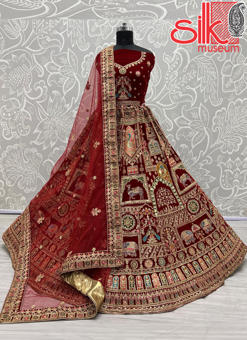 14898 Maroon Velvet Lehenga With Dori,Jari,Sequence,Multi Embroidery,Diamond Work