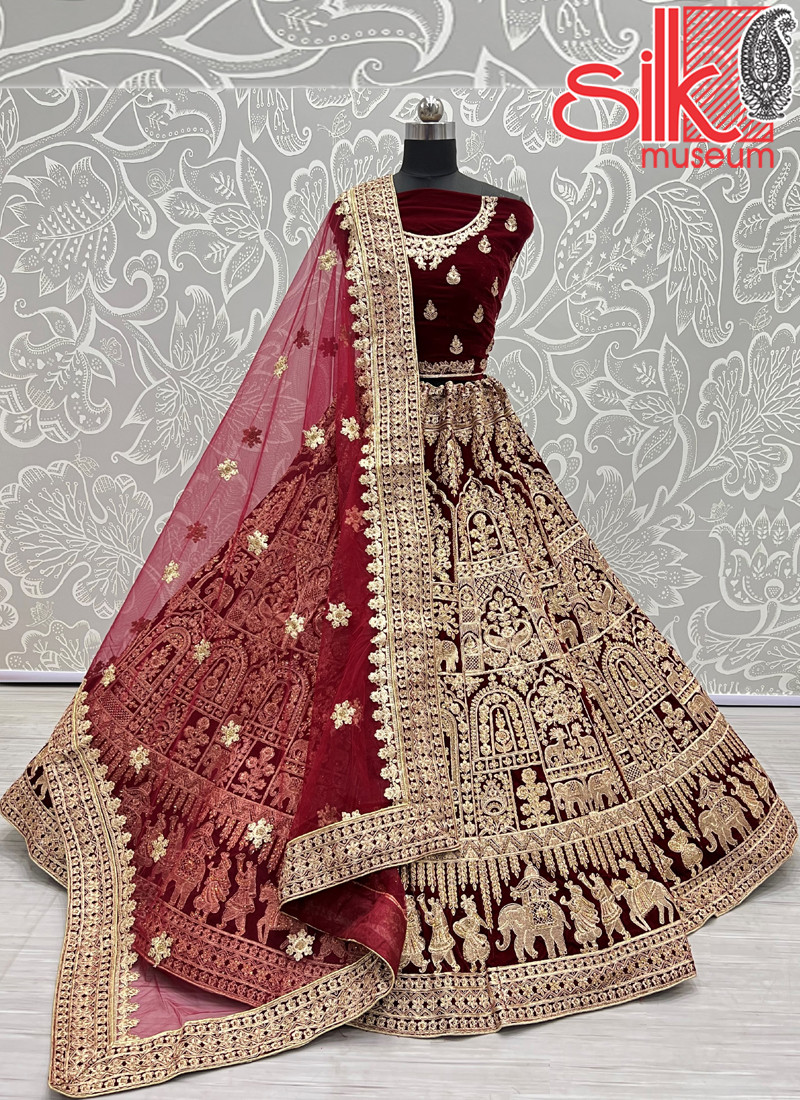 14899 Maroon Velvet Lehenga With Designer Dori,Jari Embroidery,Diamond Work