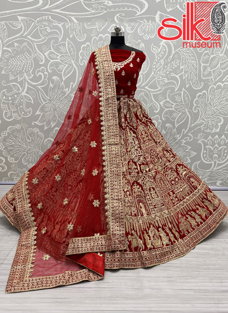 14900 Red Velvet Lehenga With Designer Dori,Jari Embroidery,Diamond Work