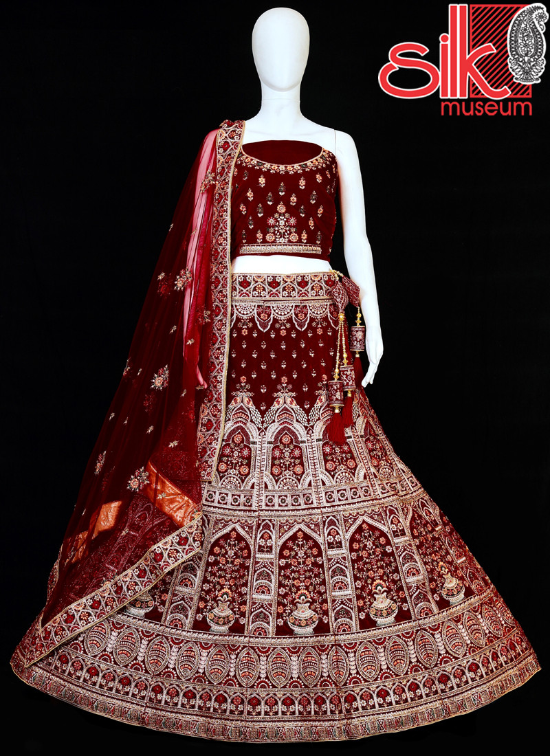 14901 Designer Heavy Maroon Velvet Lehenga With Multi Embroidery Work