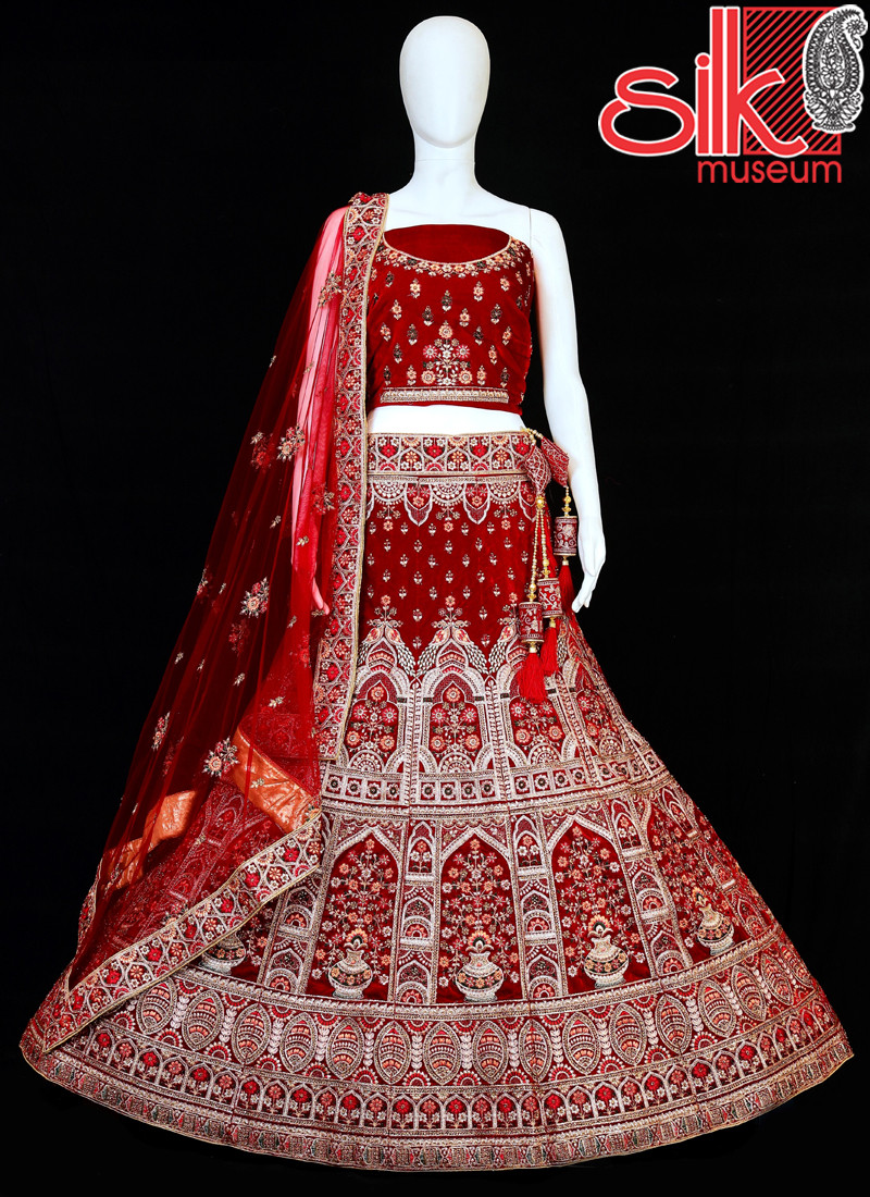 14902 Designer Heavy Red Velvet Lehenga With Multi Embroidery Work