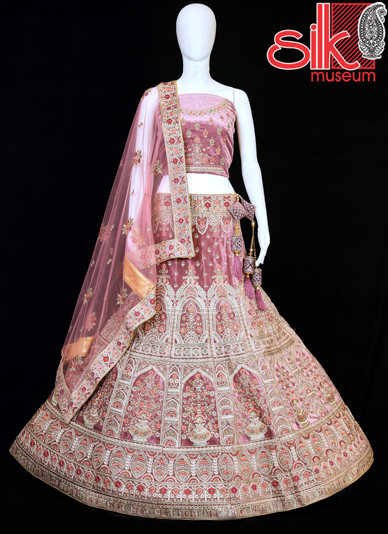 14903 Designer Heavy Rust Velvet Lehenga With Multi Embroidery Work