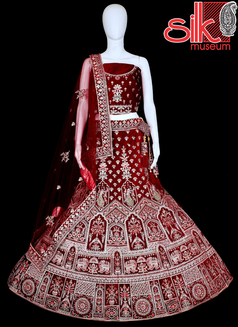 14904 Heavy Designer Maroon Velvet Lehenga With Multi Embroidery Work