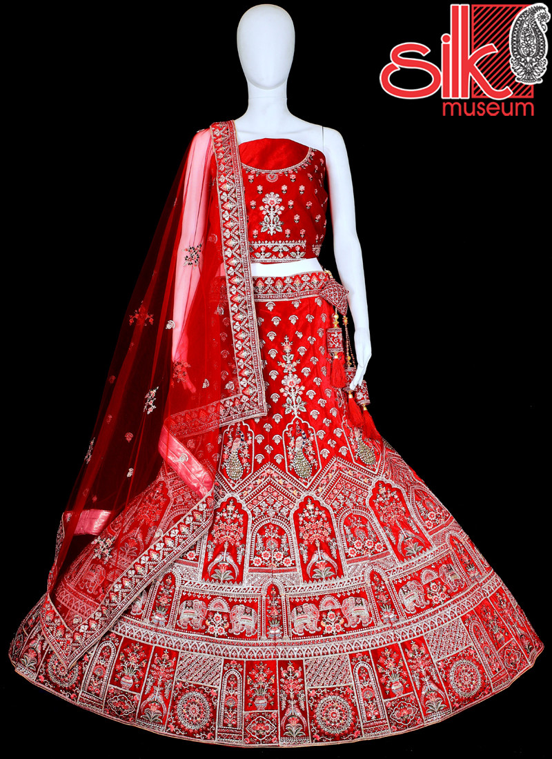 14907 Heavy Designer Red Velvet Lehenga With Multi Embroidery Work