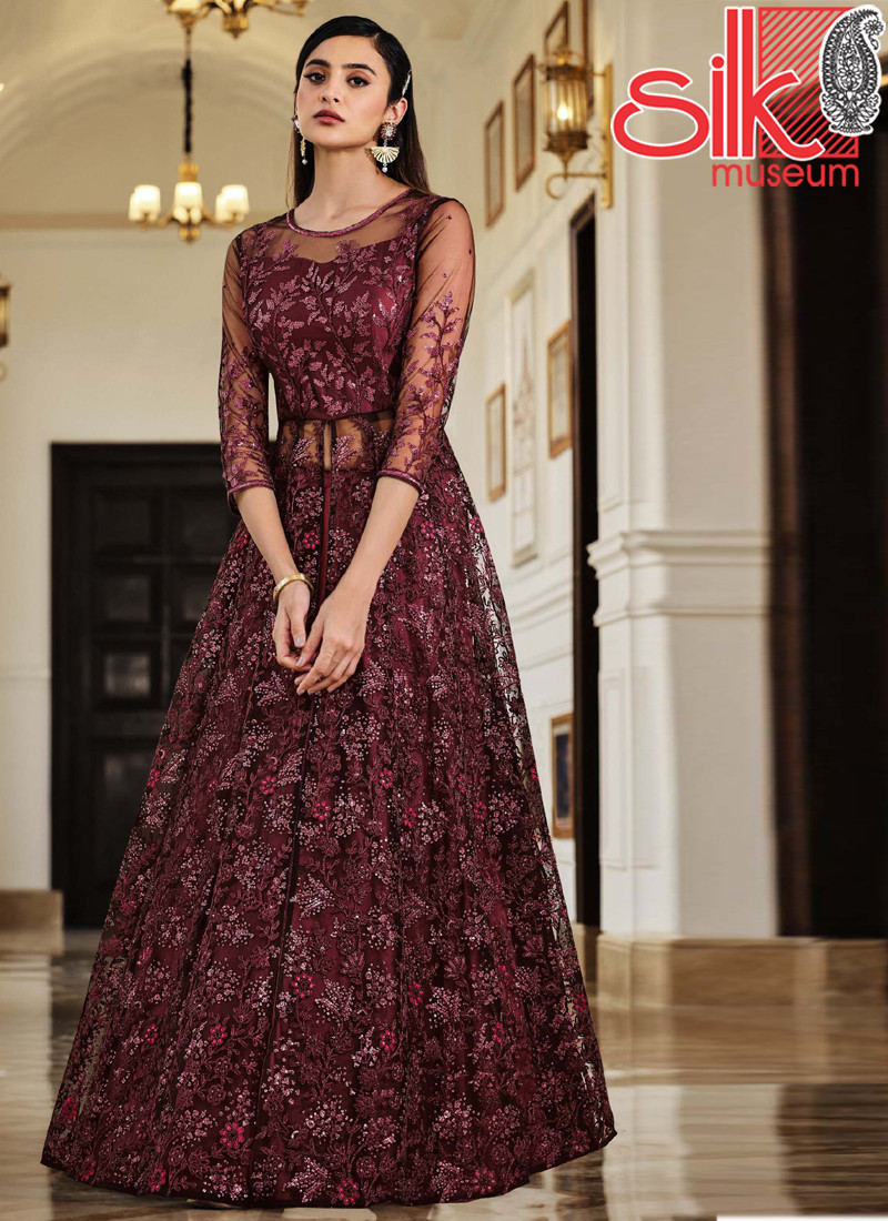 14908 Maroon Net & Satin Suit With Heavy Multi,Sequence Embroidery Work