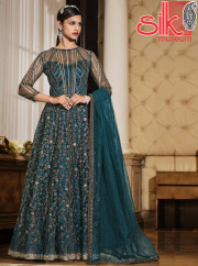 Teal Blue Net & Satin Suit With Heavy Multi,Sequence Embroidery Work