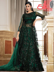 Green Net & Satin Suit With Heavy Multi,Sequence Embroidery Work