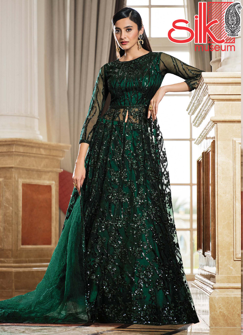 14910 Green Net & Satin Suit With Heavy Multi,Sequence Embroidery Work