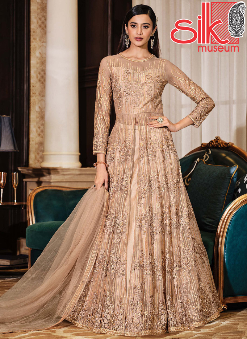 14912 Beige Net & Satin Suit With Heavy Multi,Sequence Embroidery Work
