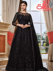 Black Net & Satin Suit With Heavy Multi,Sequence Embroidery Work