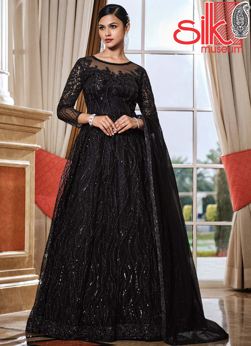 14913 Black Net & Satin Suit With Heavy Multi,Sequence Embroidery Work