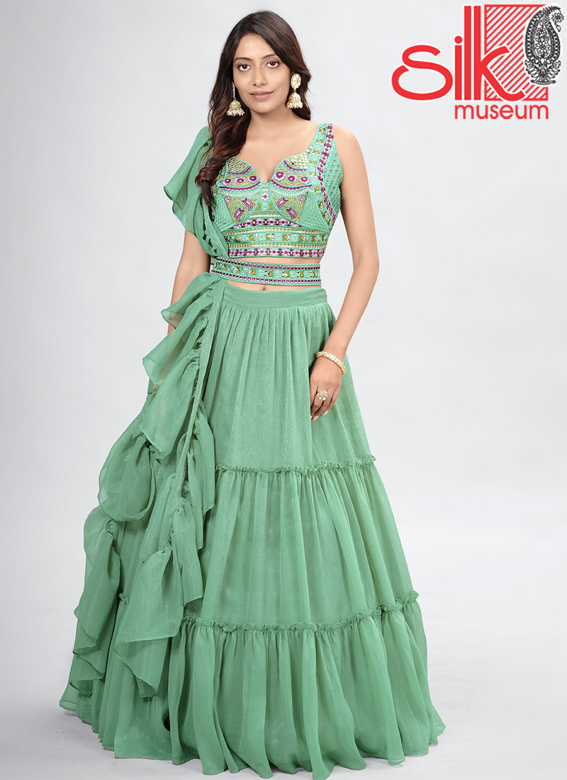 14917 Green Art Silk,Chiffon Lehenga With Thread & Hand Work