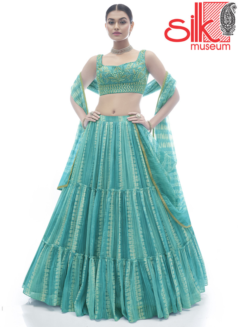 14920 Sea Green Jacquard Lehenga With Thread & Hand Work