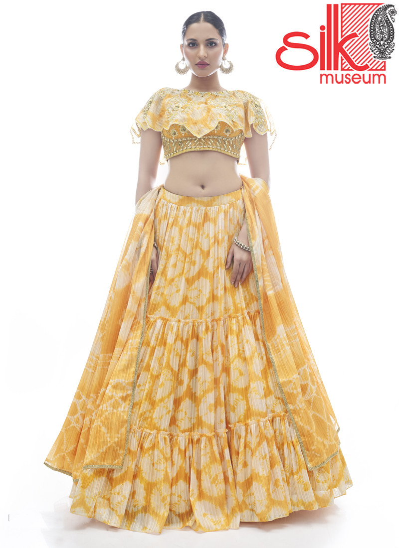 14921 Yellow Jacquard Lehenga With Thread & Hand Work