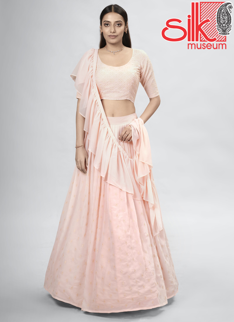14923 Peach Georgette Lehenga With Thread & Sequins